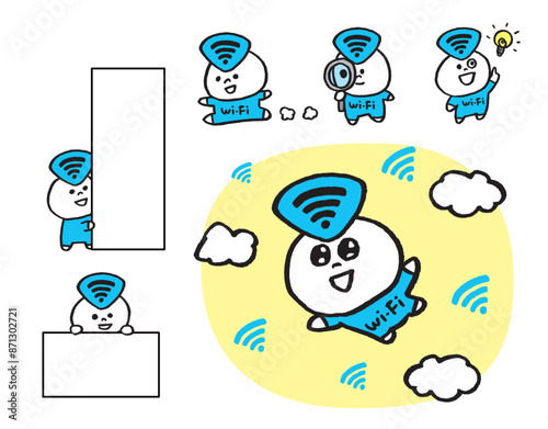 電波を飛ばす青くかわいいwi-fiの妖精キャラ素材
