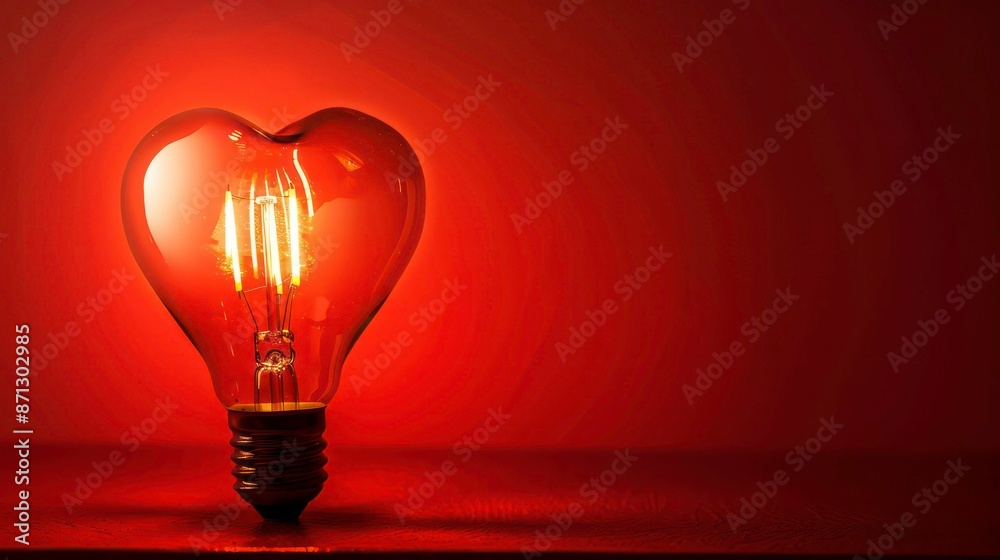 Light bulb with a heart shape glowing filament on a red background, Valentine day concept. Generative AI Light bulb with a heart shape glowing filament on a red background, Valentine day concept. Generative AI