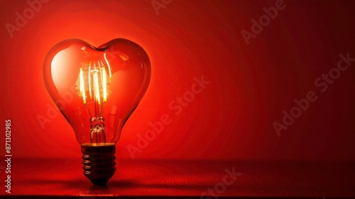 Light bulb with a heart shape glowing filament on a red background, Valentine day concept. Generative AI