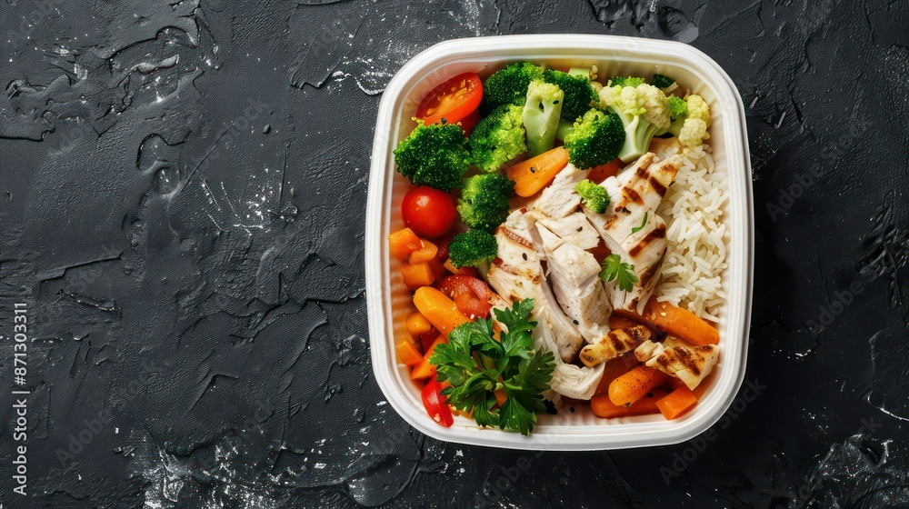 Lunch box with chicken, rice and vegetables, flat lay. Food in take away package, top view angle on black surface. Generative AI Lunch box with chicken, rice and vegetables, flat lay. Food in take away package, top view angle on black surface. Generative AI