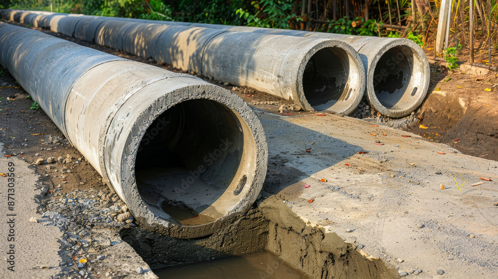 Large concrete pipes lay on the ground amidst a construction site, ready for installation, symbolizing infrastructure development. Large concrete pipes lay on the ground amidst a construction site, ready for installation, symbolizing infrastructure development.