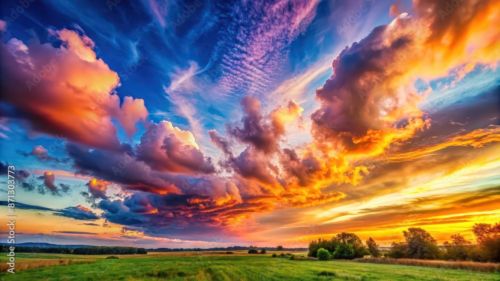 Obraz premium Landscape photo featuring a colorful sky filled with fluffy clouds , nature, scenery, sky, clouds, outdoor, beauty