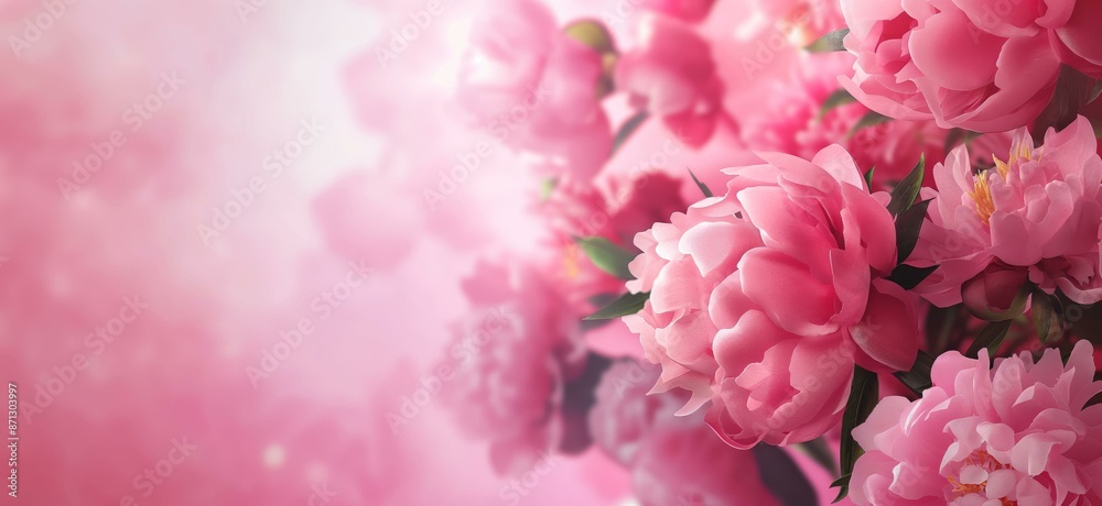 Fototapeta premium A vivid image of pink peonies in full bloom against a soft pink background. The composition is aesthetically pleasing with a gentle gradient that enhances the vibrancy of the flowers.