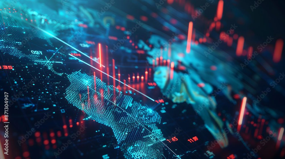 Growing upward arrows, map and forex chart on wide dark background. Global trends, trading and finance concept. Growing upward arrows, map and forex chart on wide dark background. Global trends, trading and finance concept.