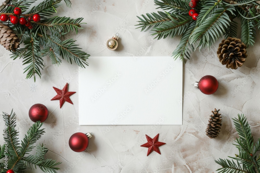 Christmas blank card with pine decorations for holiday greetings concept Christmas blank card with pine decorations for holiday greetings concept