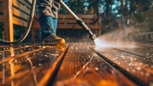 Man cleaning the terrace wooden floor with high pressure cleaner. Generative AI