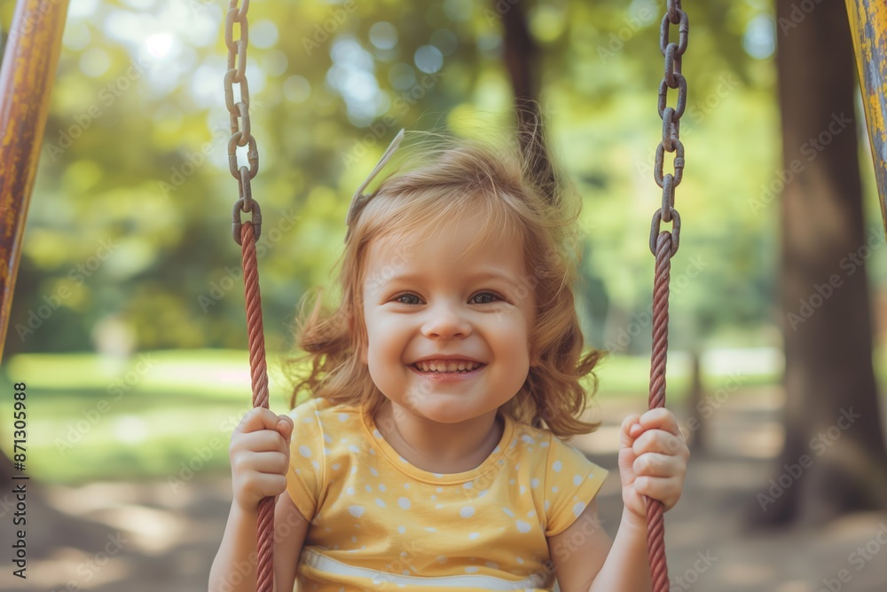 Girl swinging in the park, smiling happily. Girl swinging in the park, smiling happily.