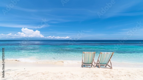 Sandy beach with chairs overlooking the calm sea, untouched paradise, crystal clear waters, serene and peaceful setting, ideal for a getaway © Paul