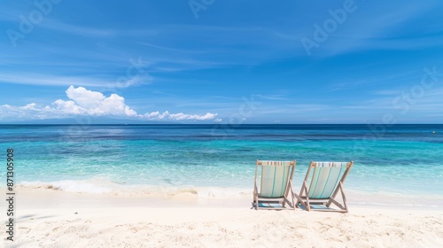 Sandy beach with chairs overlooking the calm sea, untouched paradise, crystal clear waters, serene and peaceful setting, ideal for a getaway