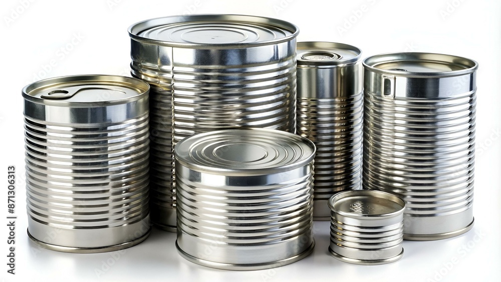 Can set. Steel tin can, metal lid set isolated on white background. Different size container bundle for drink, conserve food with place for brand design. Aluminum packaging mockup vector illustration Can set. Steel tin can, metal lid set isolated on white background. Different size container bundle for drink, conserve food with place for brand design. Aluminum packaging mockup vector illustration