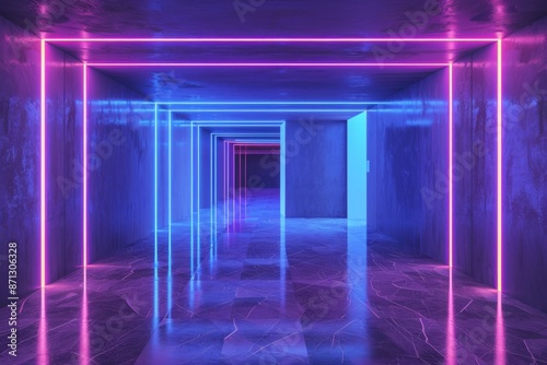 . Futuristic corridor with glowing neon lights.