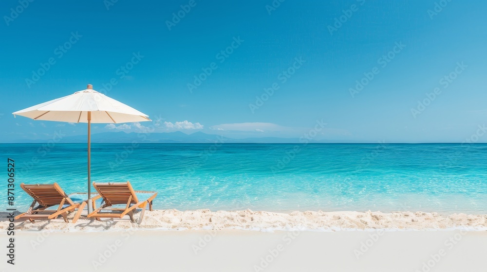 Sun loungers and umbrella on a paradise beach, overlooking the ocean, crystal clear water, soft golden sand, peaceful and idyllic Sun loungers and umbrella on a paradise beach, overlooking the ocean, crystal clear water, soft golden sand, peaceful and idyllic