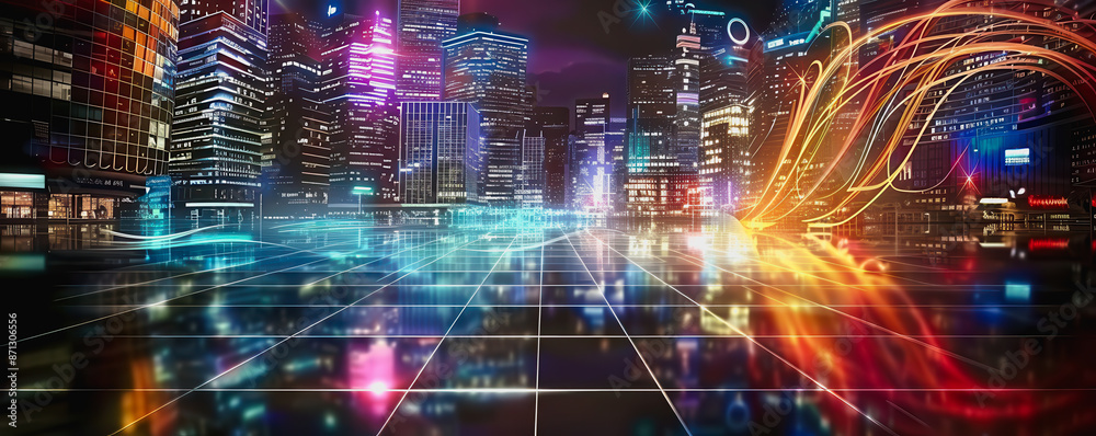 High-tech urban skyline at night with neon lights and digital wave
