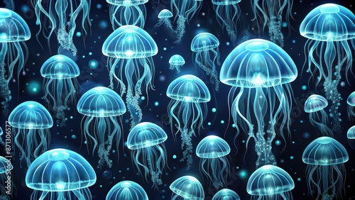 Seamless pattern of glowing semi blue jellyfish in dark ocean waters, jellyfish, ocean, underwater, glowing photo