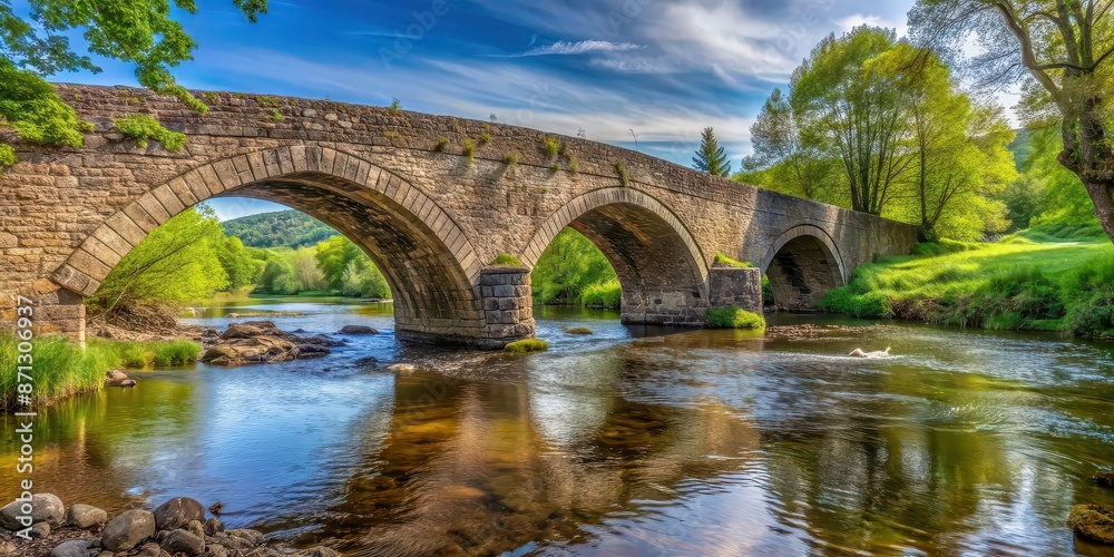 Fototapeta premium Old stone bridge over gently flowing river, scenic, picturesque, historic, ancient, architecture, bridge, stone, water
