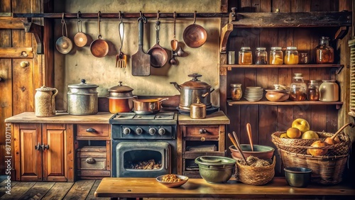 Rustic kitchen with old-fashioned stove, vintage jars, and utensils , rustic, kitchen, old-fashioned, stove, vintage, jars