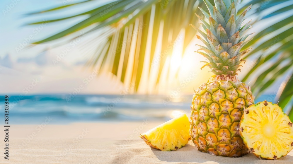 Tropical paradise beach with sliced pineapple, blue sky, palm trees, golden sunset illuminating the scene, idyllic and inviting Tropical paradise beach with sliced pineapple, blue sky, palm trees, golden sunset illuminating the scene, idyllic and inviting