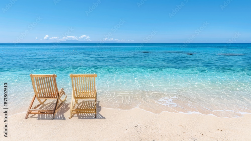 Untouched sandy beach with chairs by the sea, clear waters, serene and pristine environment, ideal for a peaceful retreat, paradise beach Untouched sandy beach with chairs by the sea, clear waters, serene and pristine environment, ideal for a peaceful retreat, paradise beach