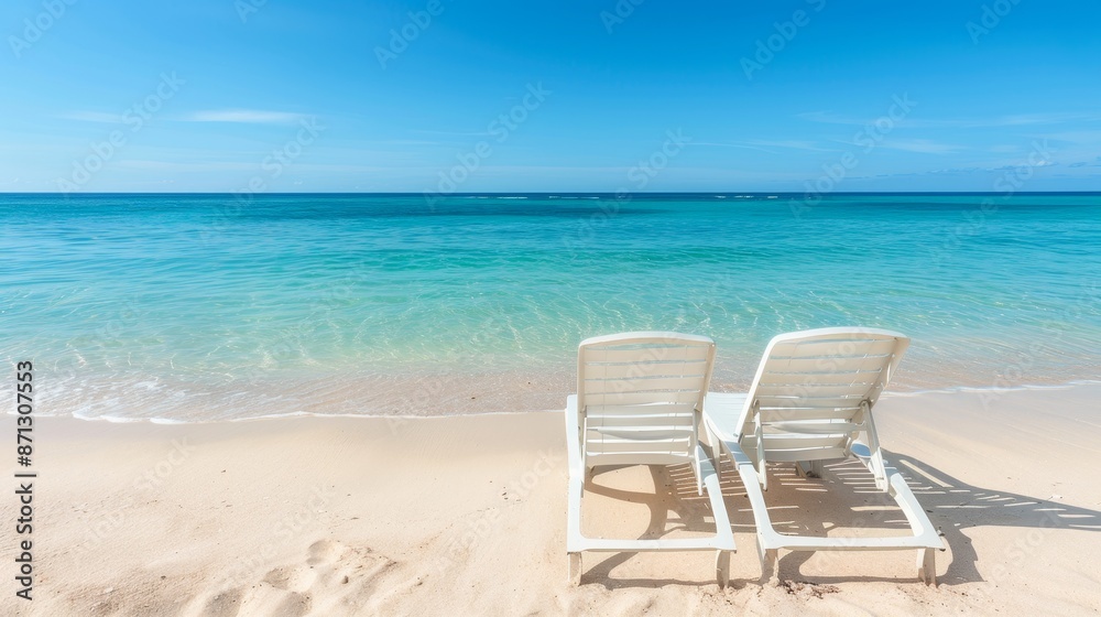 Untouched sandy beach with chairs by the sea, clear waters, serene and pristine environment, ideal for a peaceful retreat, paradise beach Untouched sandy beach with chairs by the sea, clear waters, serene and pristine environment, ideal for a peaceful retreat, paradise beach