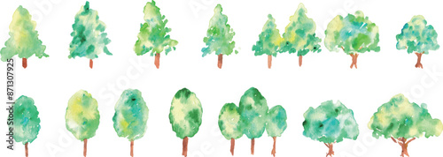 水彩画。水彩タッチのベクター森林素材。手描きの自然イラスト。緑の植物背景。森と木。Watercolor painting. Vector forest material with watercolor touch. Hand drawn nature illustration. Green vegetation background. Forest and trees.