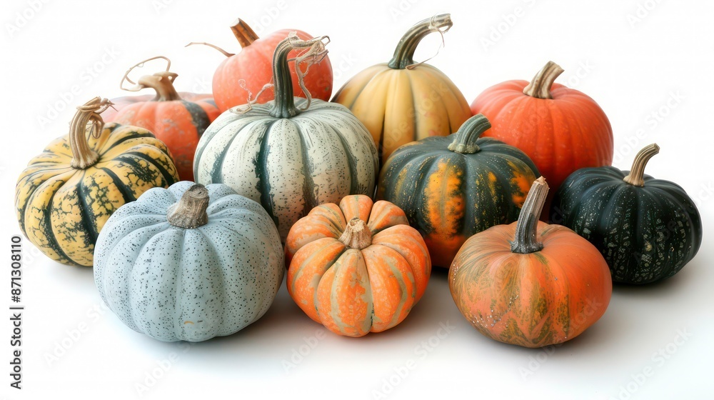 Pumpkins stacked for fall decor on white surface. Generative AI Pumpkins stacked for fall decor on white surface. Generative AI