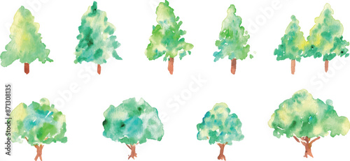 水彩画。水彩タッチのベクター森林素材。手描きの自然イラスト。緑の植物背景。森と木。Watercolor painting. Vector forest material with watercolor touch. Hand drawn nature illustration. Green vegetation background. Forest and trees.