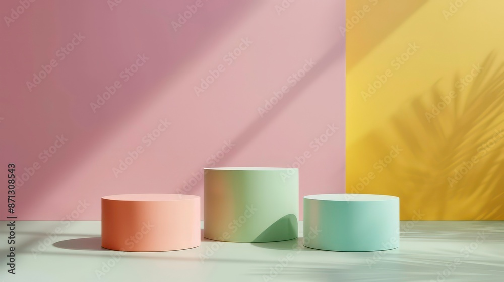 Set of green, orang, pink cylinder pedestal podium display, Empty room background. Abstract modern vector rendering 3d shape for products display presentation. Pastel minimal wall scene, Studio room. Set of green, orang, pink cylinder pedestal podium display, Empty room background. Abstract modern vector rendering 3d shape for products display presentation. Pastel minimal wall scene, Studio room.