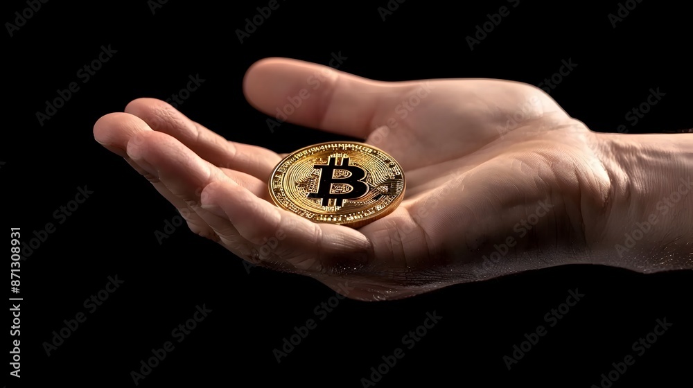 Hand Holding Golden Bitcoin Cryptocurrency in Digital Technology Theme Hand Holding Golden Bitcoin Cryptocurrency in Digital Technology Theme