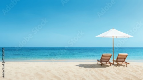 Paradise beach with sun loungers, umbrella, and ocean view, golden sand, crystal clear water, tranquil and relaxing atmosphere