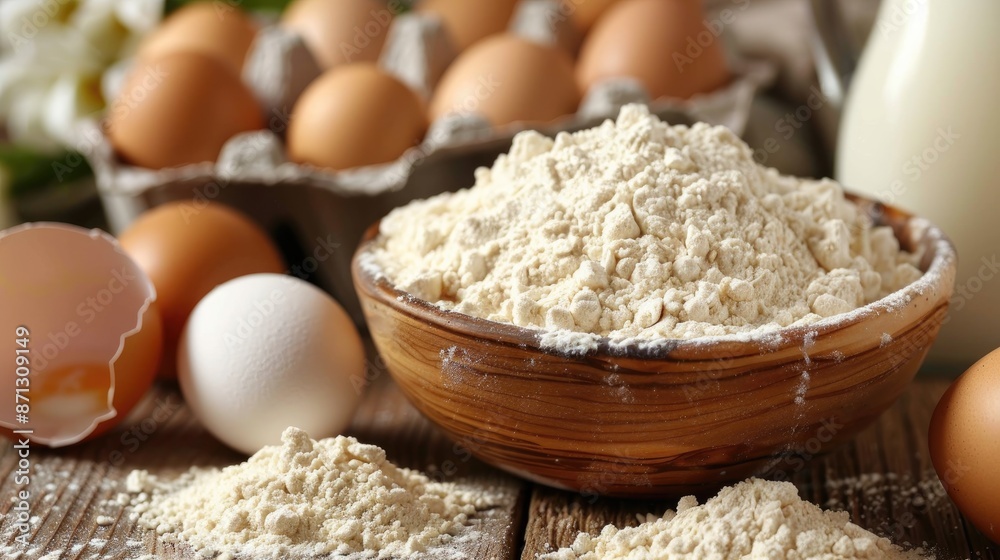 Baking Ingredients Flour Eggs Milk on Wood Table Baking Ingredients Flour Eggs Milk on Wood Table