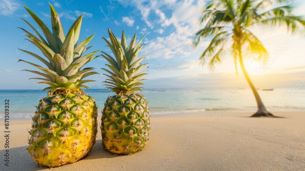 Pineapple slices on a sandy tropical beach, vivid blue sky, palm trees, and a breathtaking sunset, paradise-like setting Pineapple slices on a sandy tropical beach, vivid blue sky, palm trees, and a breathtaking sunset, paradise-like setting