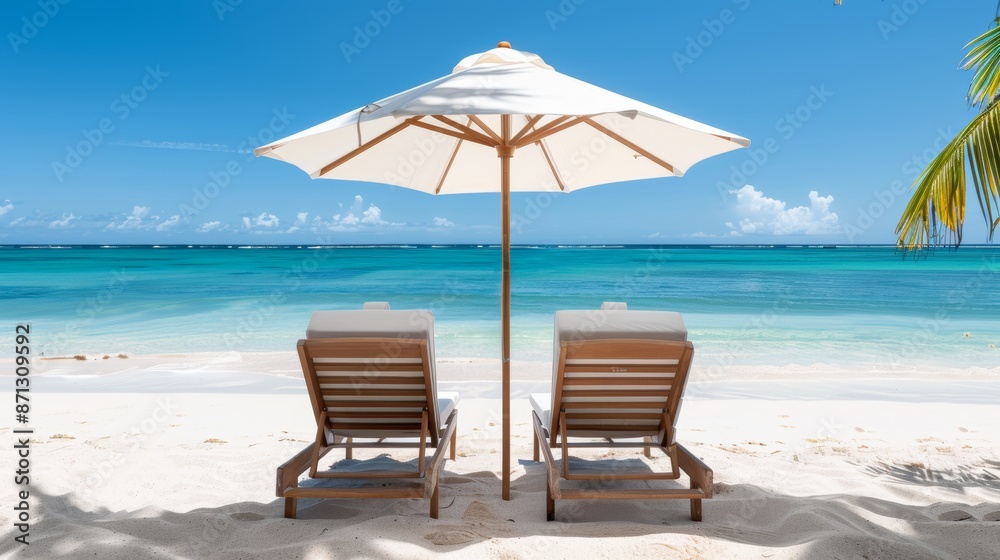 Relaxing sun loungers under an umbrella, beach and ocean view, paradise beach setting, calm and inviting atmosphere Relaxing sun loungers under an umbrella, beach and ocean view, paradise beach setting, calm and inviting atmosphere
