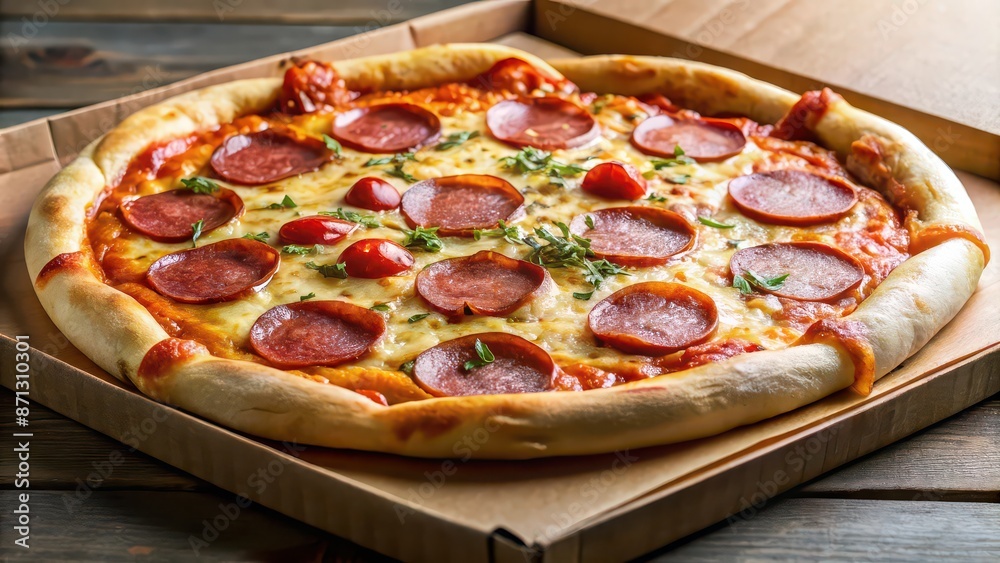Delicious pizza topped with slices of salami and melted cheese, with a sticker on the box , food Delicious pizza topped with slices of salami and melted cheese, with a sticker on the box , food