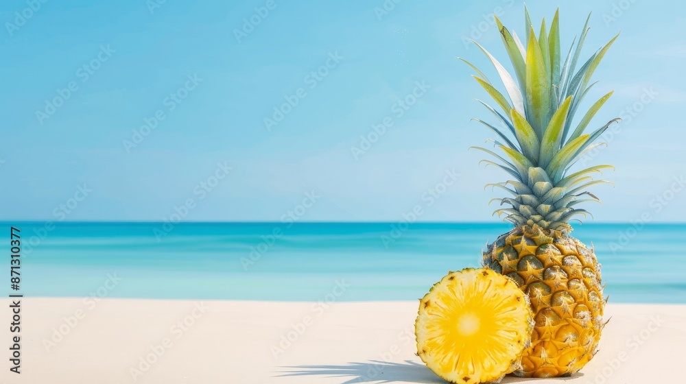 Whole and sliced pineapple on a serene sandy beach, azure sea, untouched tropical paradise, palm trees, clear blue sky, perfect paradise beach scene Whole and sliced pineapple on a serene sandy beach, azure sea, untouched tropical paradise, palm trees, clear blue sky, perfect paradise beach scene
