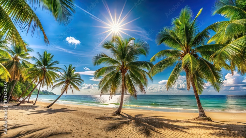 Tropical panoramic view of a sandy beach with palm trees overlooking the sea under the bright sun, panorama, 360, sea Tropical panoramic view of a sandy beach with palm trees overlooking the sea under the bright sun, panorama, 360, sea