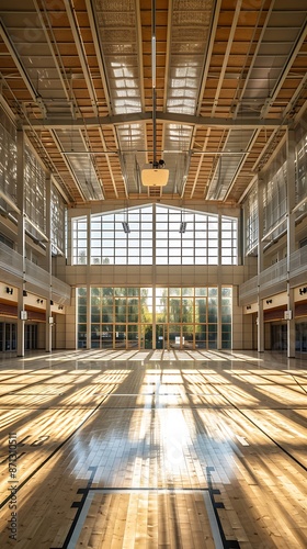 Sunlit Gymnasium with Wooden Floor and Large Windows