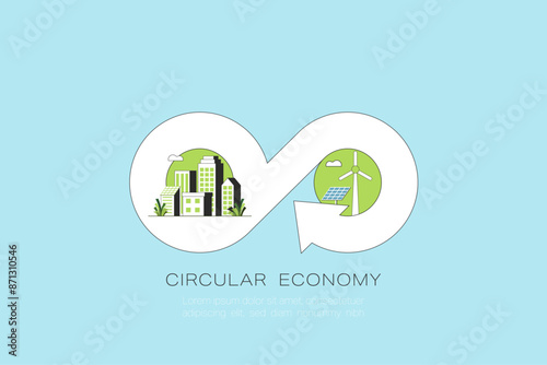 Circular economy concept. Green city and green energy. Growth business and environment sustainable devellopment. Flat Vector illustration.