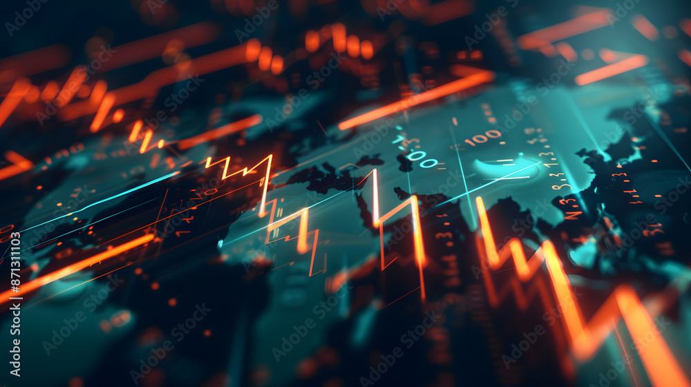 Growing upward arrows, map and forex chart on dark background. Global trends, trading and finance concept. 3D Rendering. Growing upward arrows, map and forex chart on dark background. Global trends, trading and finance concept. 3D Rendering.