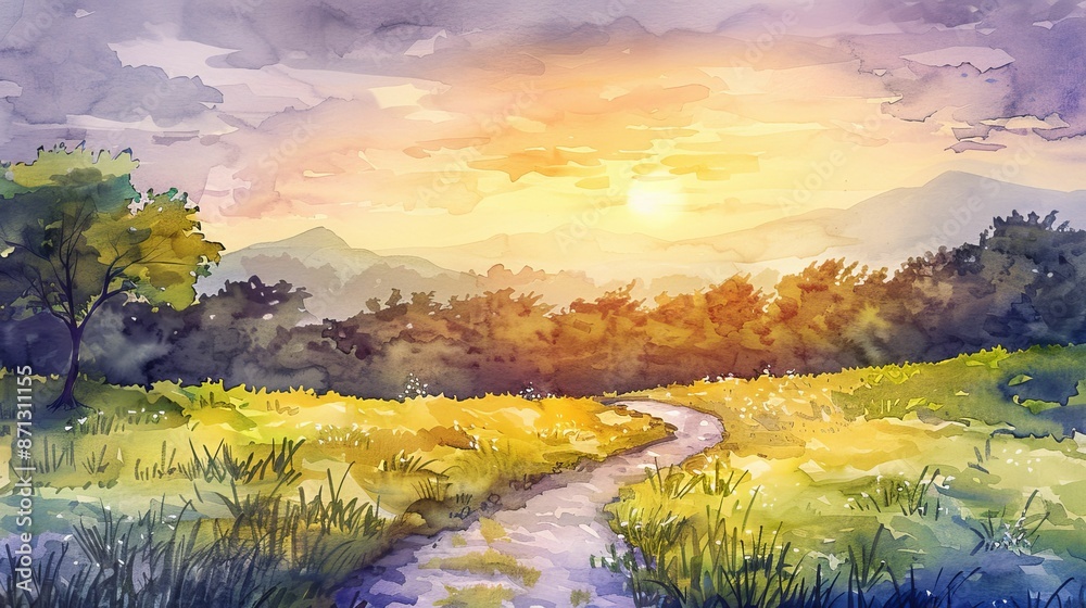 Retirement insurance concept, serene landscape with pathway leading into sunset, peaceful watercolor Retirement insurance concept, serene landscape with pathway leading into sunset, peaceful watercolor