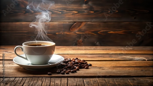 Steaming cup of freshly brewed coffee on a wooden table, coffee, cup, drink, beverage, breakfast, aroma, caffeine, beans, morning