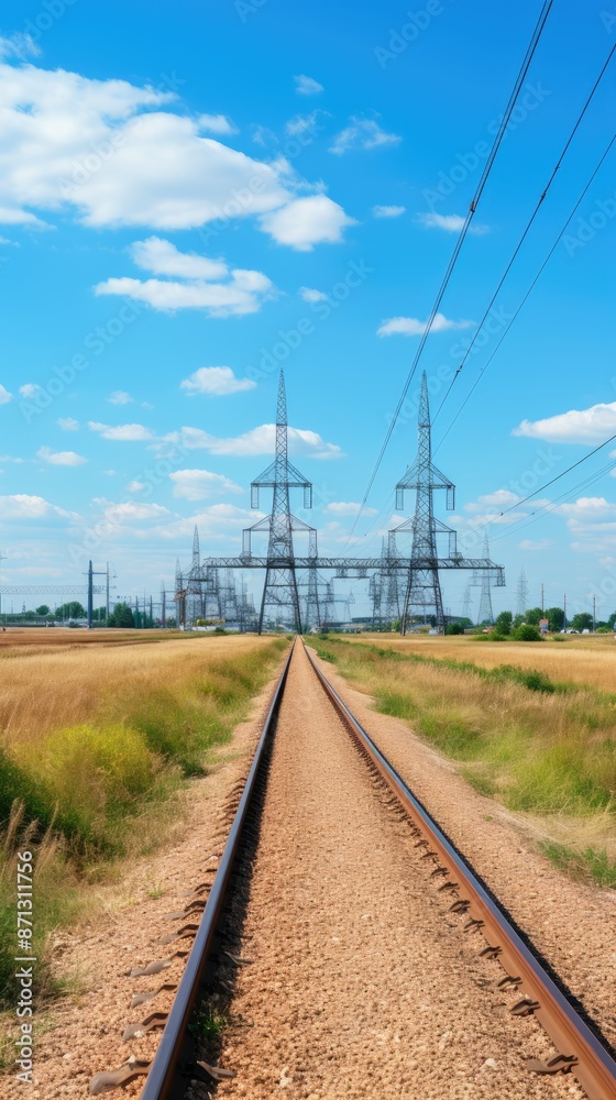 a train track with power lines and power lines in the background. a train track with power lines and power lines in the background.