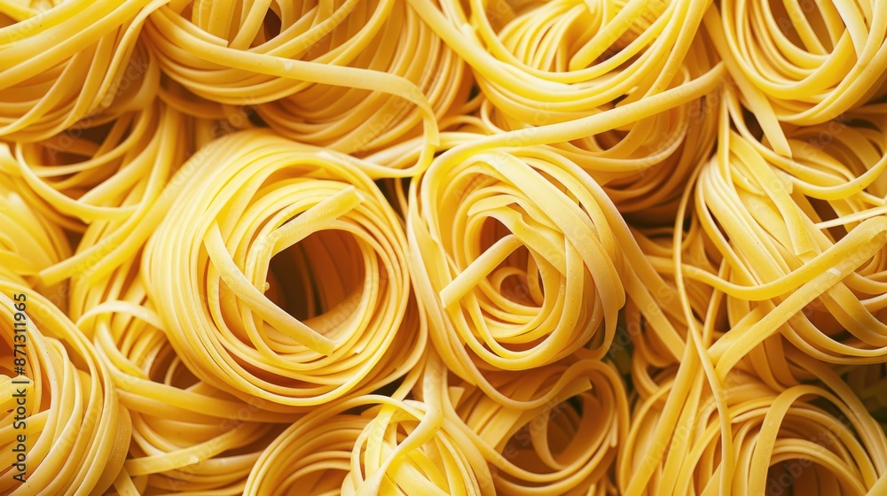 Many curly strands of uncooked yellow pasta Many curly strands of uncooked yellow pasta