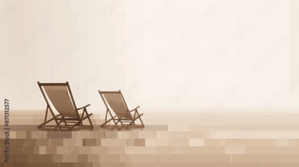Fototapeta premium Abstract pixel art of beach chairs near the sea, transitioning from sepia-toned memories to vibrant pixels, nostalgic and visually dynamic