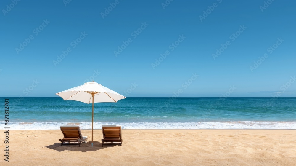 Obraz premium Beach scene with sun loungers, umbrella, and ocean waves, pristine paradise beach, clear skies, serene and picturesque