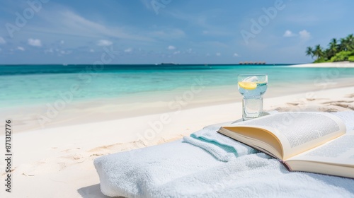 Beach towel spread on sun lounger, book and a glass of drink, paradise island setting, crystal clear water and golden sand