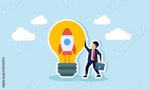 Entrepreneurship involves setting up a new business, driven by motivation to create and succeed with innovative ideas, concept of A startup owner stands with an innovative rocket inside a lightbulb
