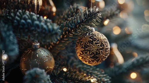 Decorative ornaments on a festive tree photo