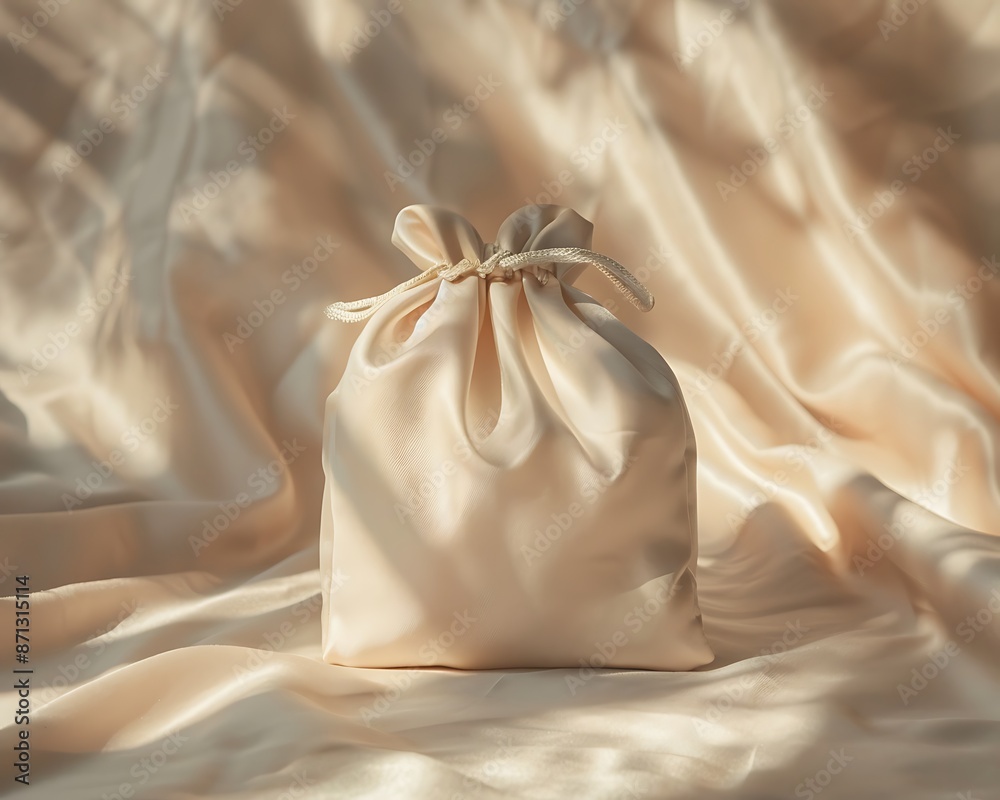 Elegant Satin Drawstring Bag on a Soft Fabric Background Elegant Satin Drawstring Bag on a Soft Fabric Background