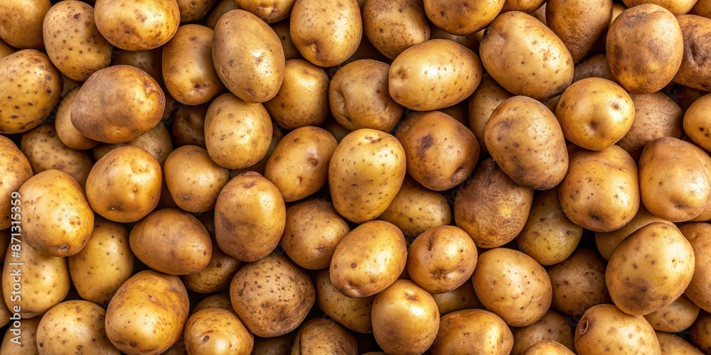 Closeup of a pile of potatoes seen from above, potatoes, fresh, organic, harvest, farm, agriculture, root vegetable, closeup Closeup of a pile of potatoes seen from above, potatoes, fresh, organic, harvest, farm, agriculture, root vegetable, closeup