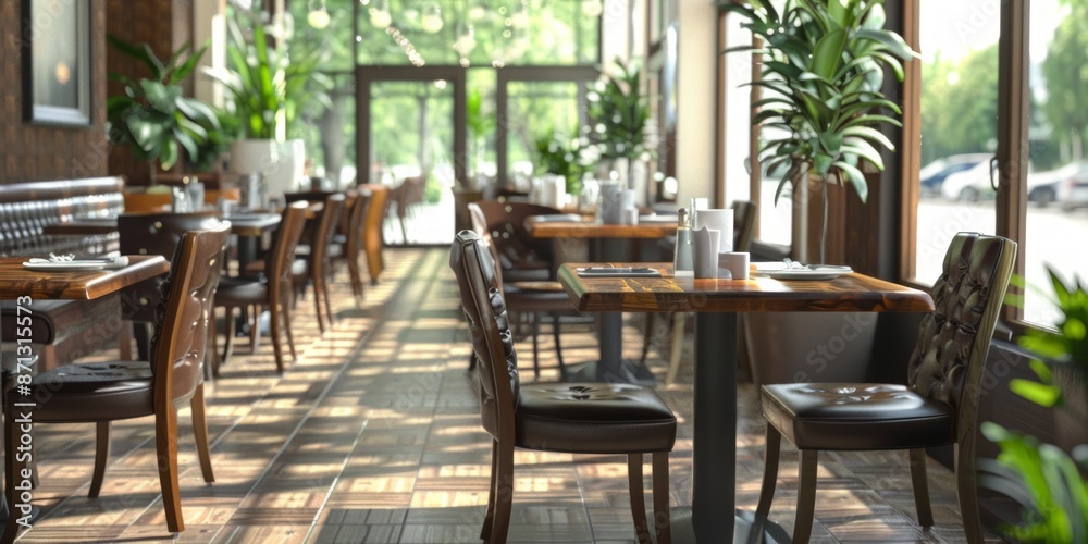 Fototapeta premium Restaurant Interior with Wooden Tables and Leather Chairs